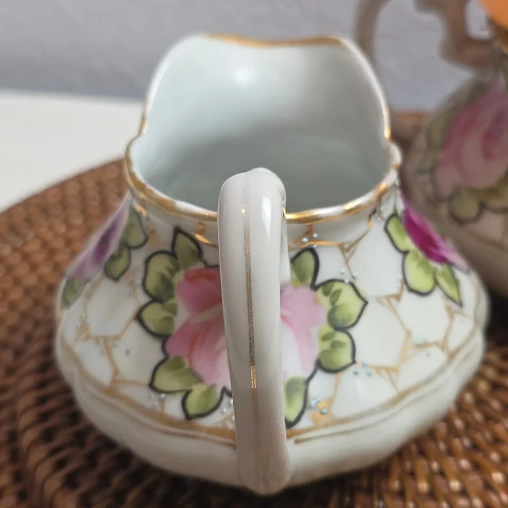 Antique 1890s Nippon Hand Painted Rose Porcelain Creamer & Sugar Bowl Set No Lid